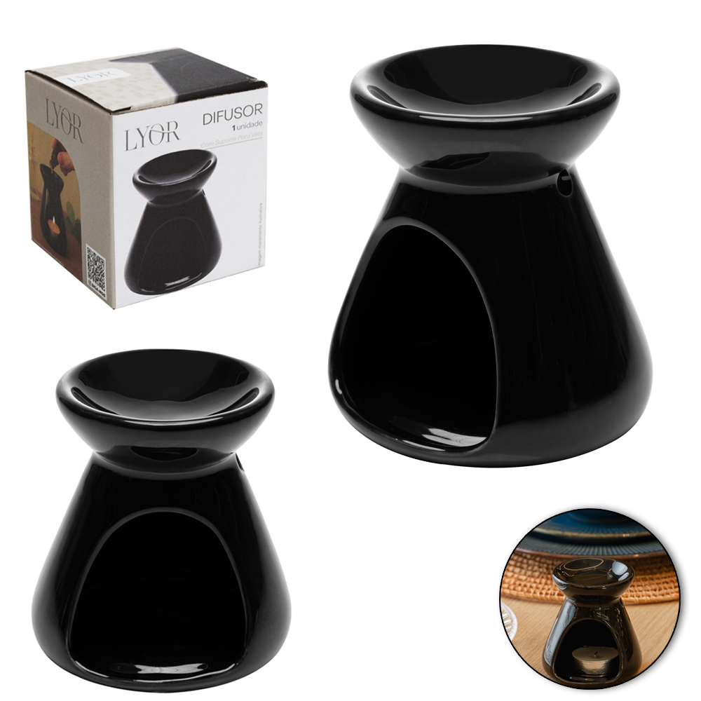 DIFUSOR DE AROMAS PARA AMBIENTES DE PORCELANA COM SUPORTE PARA VELA ( + VELA ) PRETO 8,5X8CM DE Ø