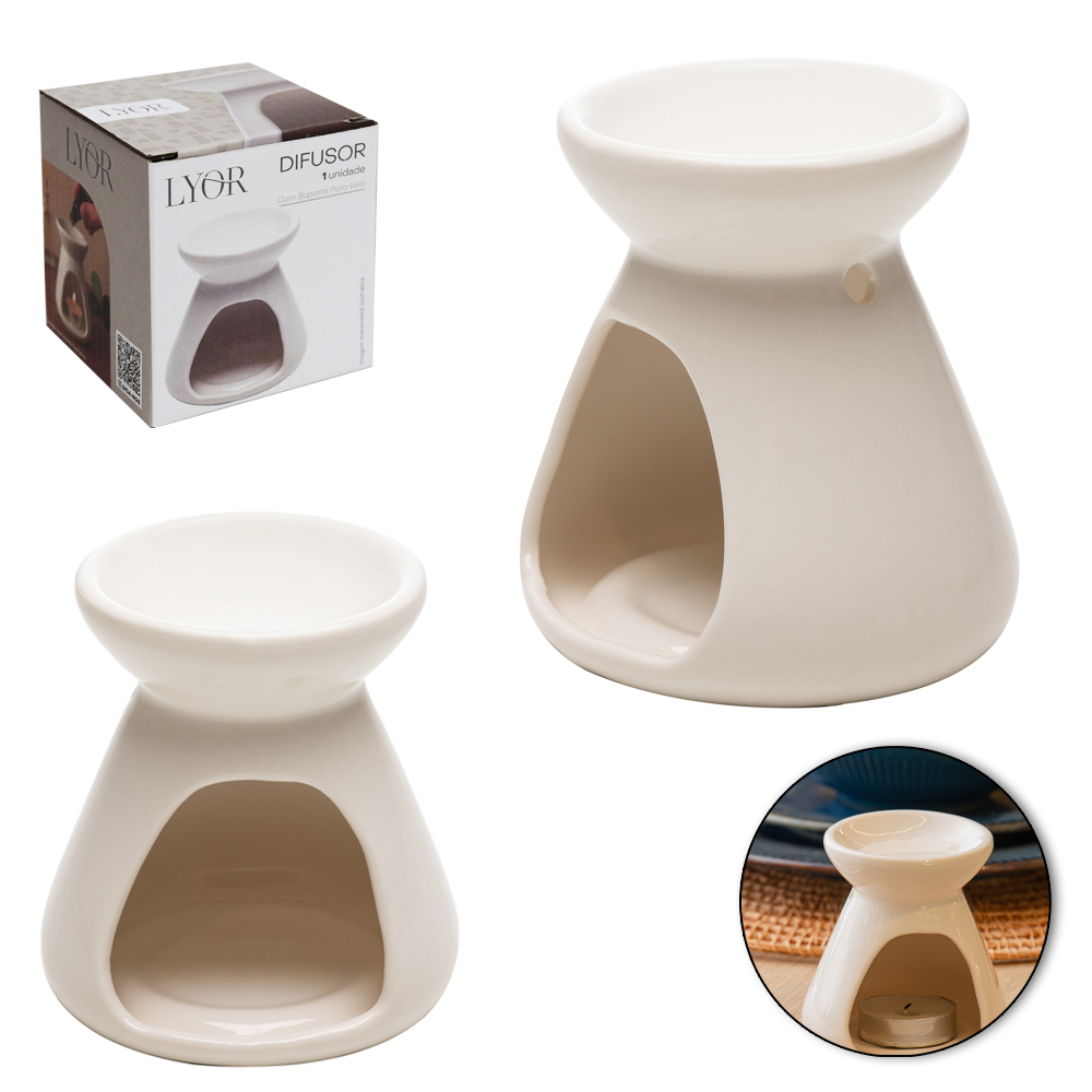 DIFUSOR DE AROMAS PARA AMBIENTES DE PORCELANA COM SUPORTE PARA VELA ( + VELA ) BRANCO 8,5X8CM DE Ø