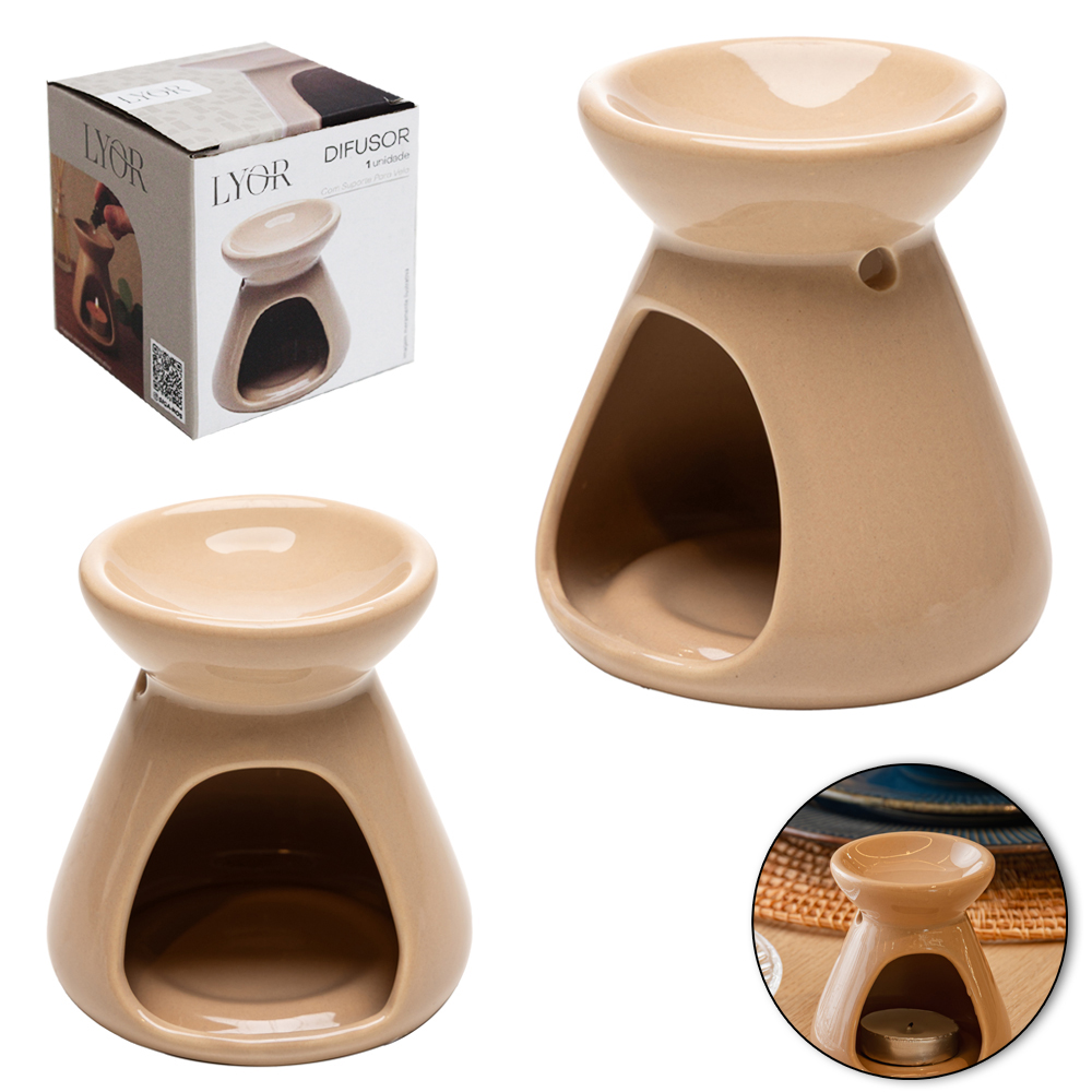 DIFUSOR DE AROMAS PARA AMBIENTES DE PORCELANA COM SUPORTE PARA VELA ( + VELA ) BEGE 8,5X8CM DE Ø