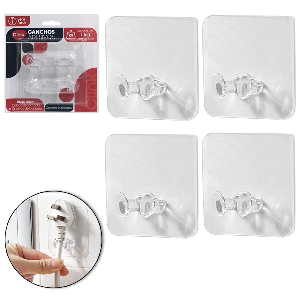 CABIDE GANCHO DE ACRILICO COM 4 GANCHOS DUPLO AUTOADESIVO TRANSPARENTE 5,7X2CM