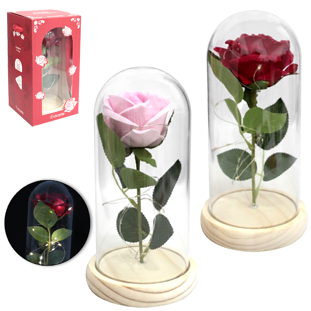 ENFEITE CUPULA COM FLOR TECIDO + MICRO LED E BASE DE MADEIRA A PILHA 21,2X10,8CM DE Ø