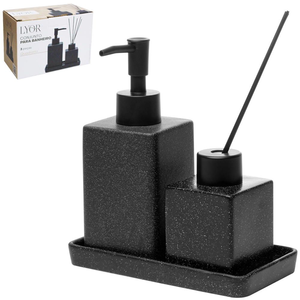 JOGO PARA BANHEIRO DE PORCELANA COM SUPORTE GRANILITE QUADRATTO PRETO 3 PECAS
