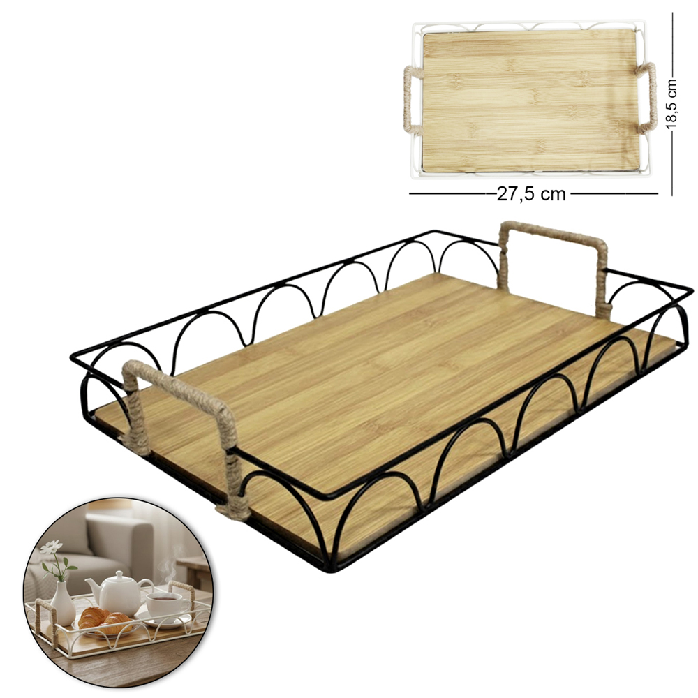 BANDEJA ARAMADO / MADEIRA MDF RETANGULAR DECORATIVA COM ALCA DE CORDA BLACK / WHITE DECOR 27,5X18,5X6,5CM