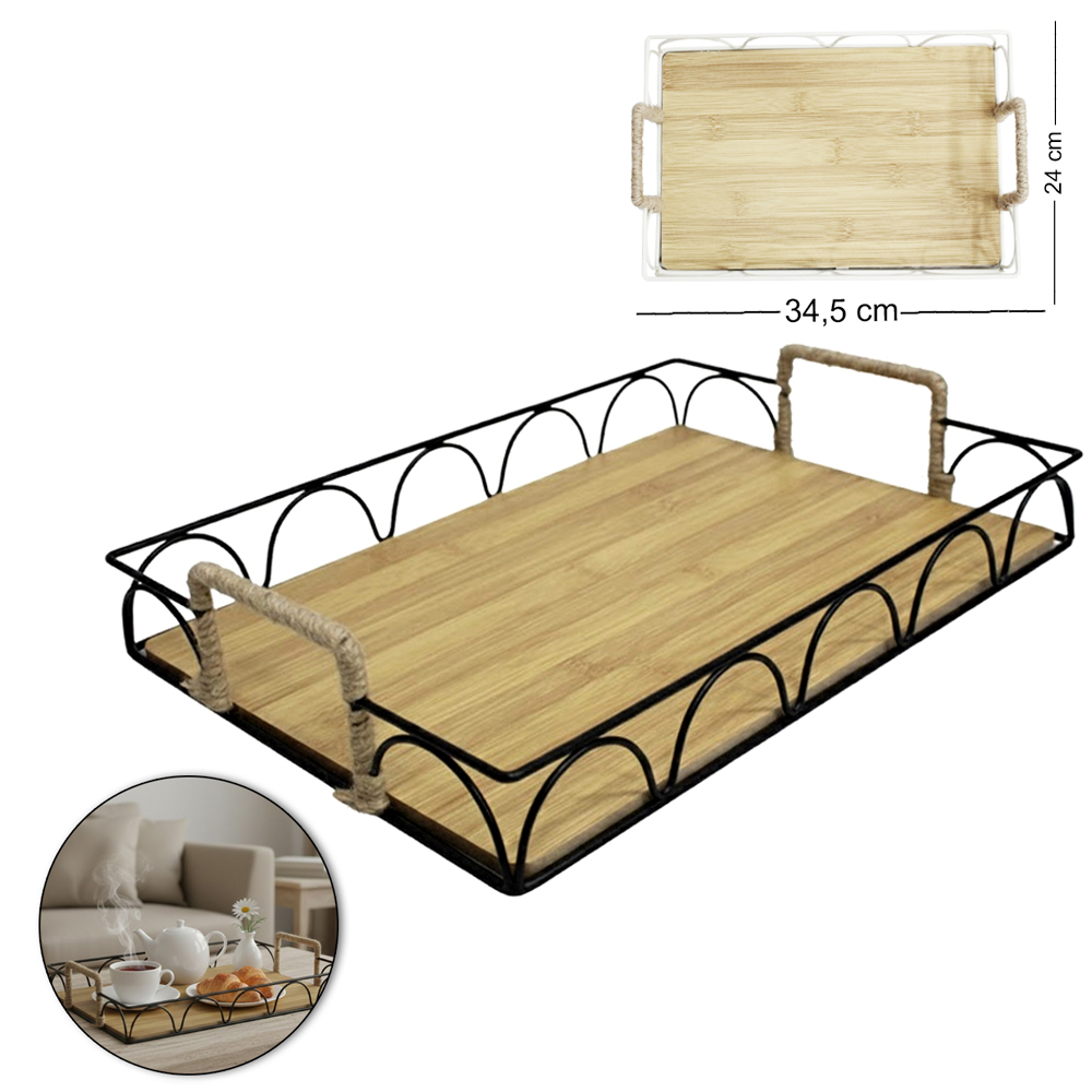 BANDEJA ARAMADO / MADEIRA MDF RETANGULAR DECORATIVA COM ALCA DE CORDA BLACK / WHITE DECOR 34,5X24X6,5CM