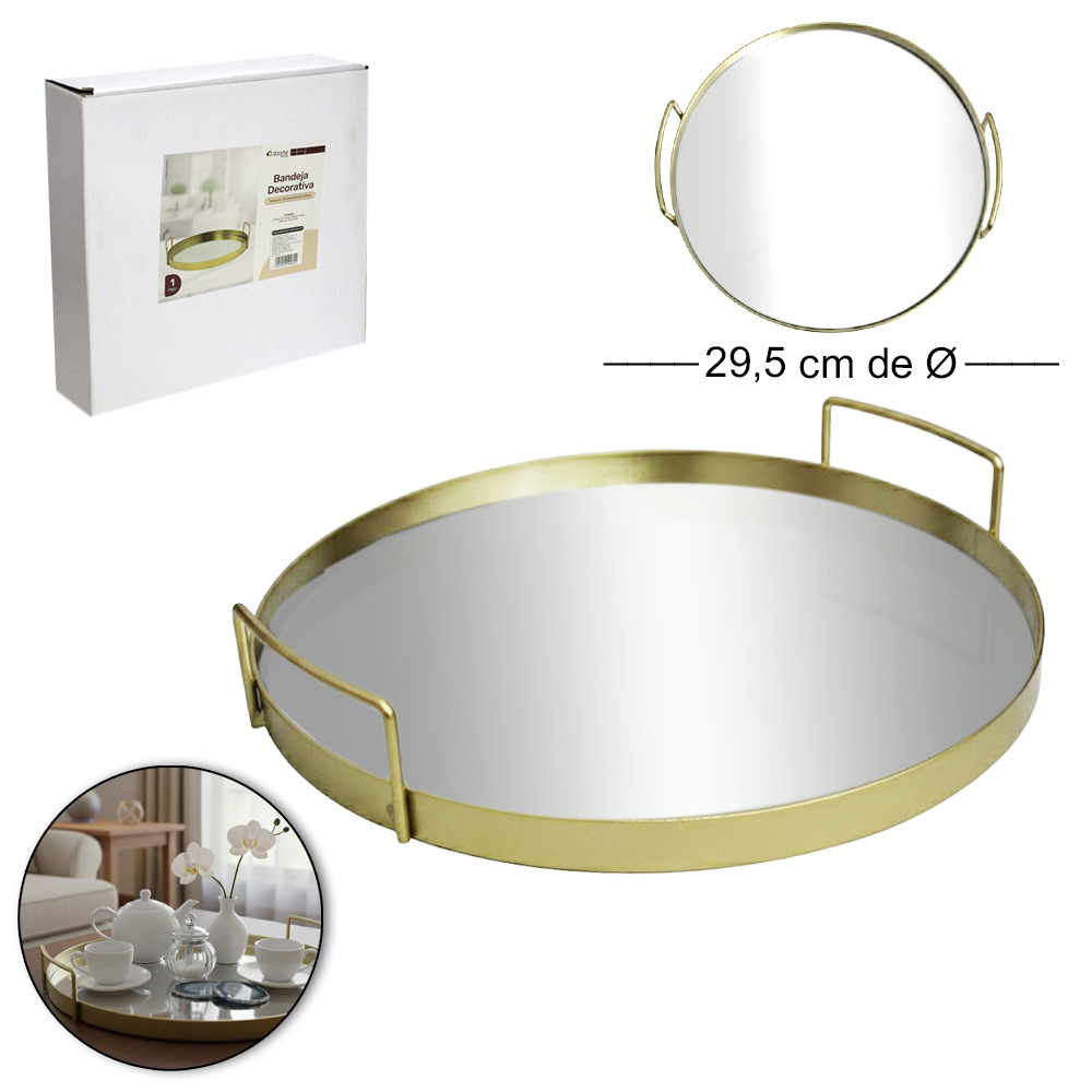 BANDEJA DE METAL COM ESPELHO REDONDO + ALCA DECORATIVA METALIZADO DOURADO DECOR 5X29,5CM DE Ø