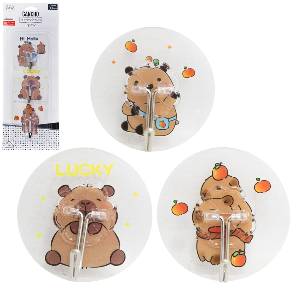 CABIDE GANCHO DE METAL REDONDO CAPIVARA AUTOADESIVO COM 3 PECAS 5,5CM DE Ø