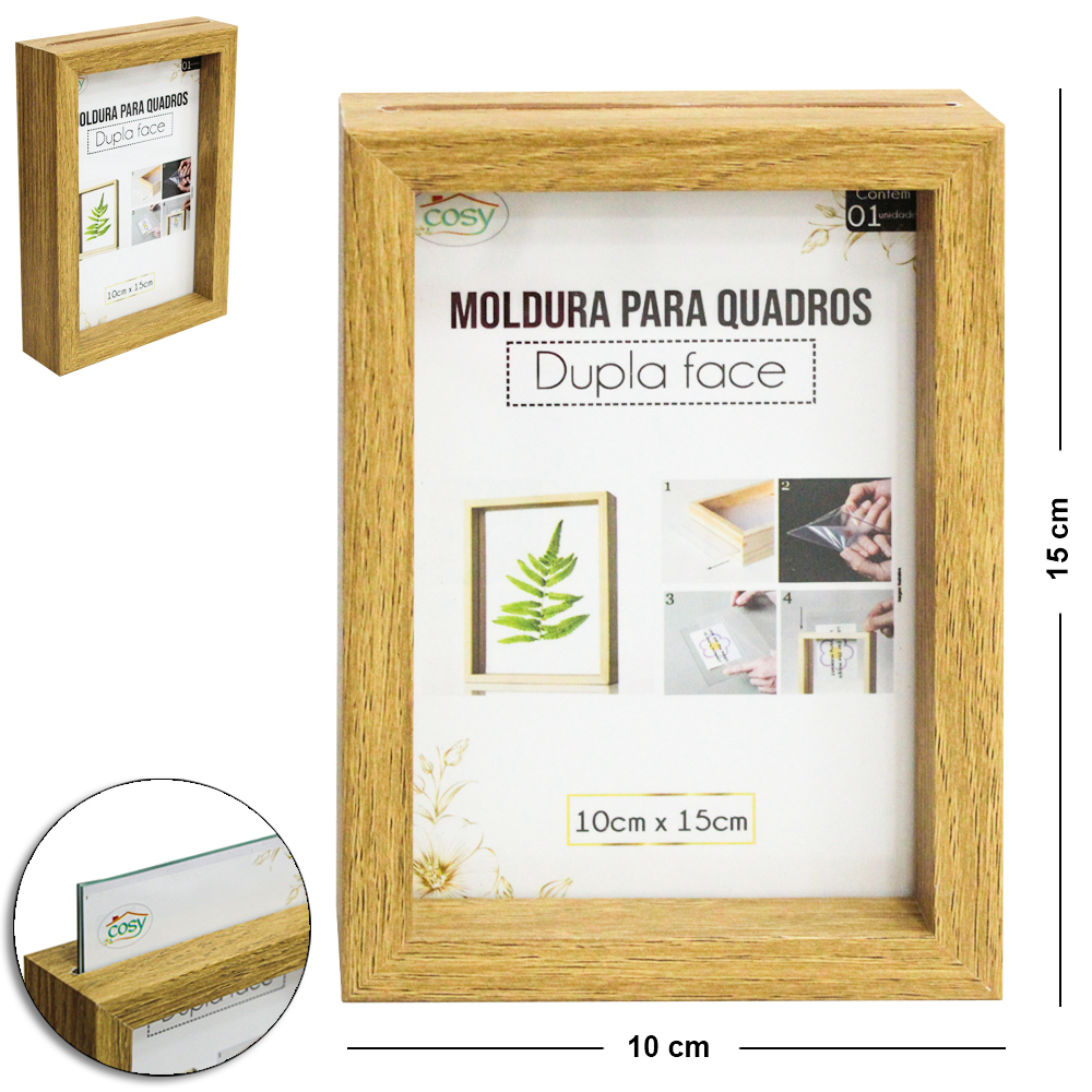 PORTA RETRATO 10X15 DUPLA FACE COM MOLDURA DE MADEIRA MDF