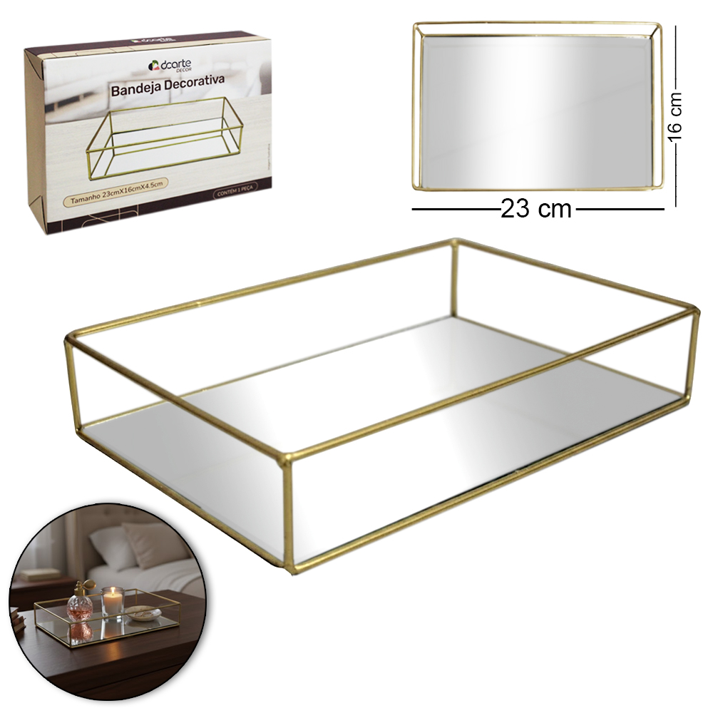 BANDEJA ARAMADO COM ESPELHO RETANGULAR DECORATIVA METALIZADO DOURADO DECOR 23X16X4,5CM