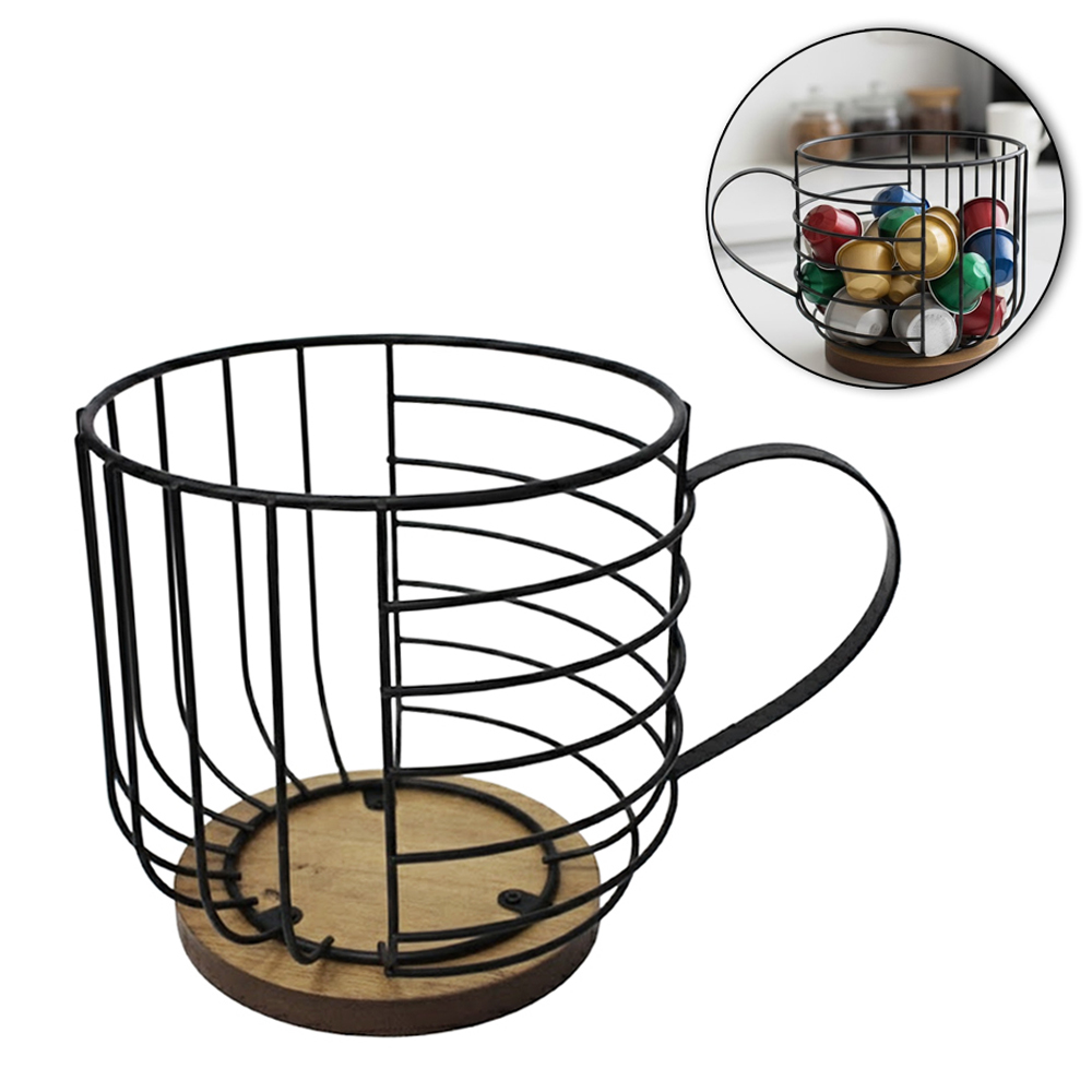 PORTA CAPSULAS DE CAFE ARAMADO XICARA COM BASE DE MADEIRA 21X15,5X15,5CM