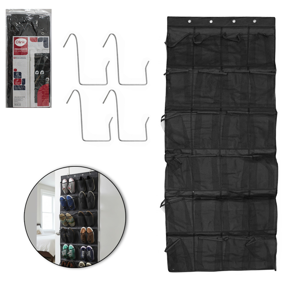 ORGANIZADOR / SAPATEIRA DE POLIESTER / TNT DE PORTA PARA 12 PARES DE SAPATOS + 4 GANCHOS 148X55,5CM