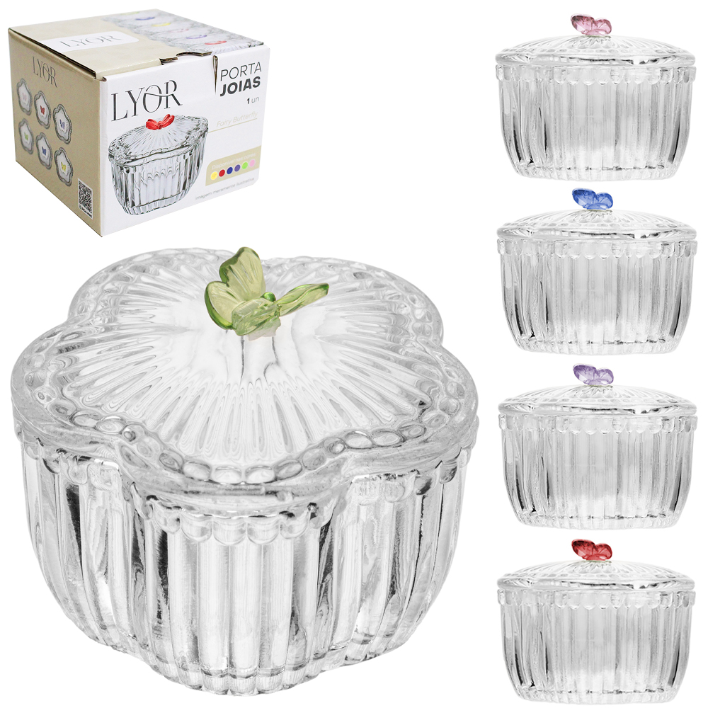 PORTA JOIAS DE VIDRO CRISTAL FLOR FAIRY BUTTERFLY 8,5X8X7CM