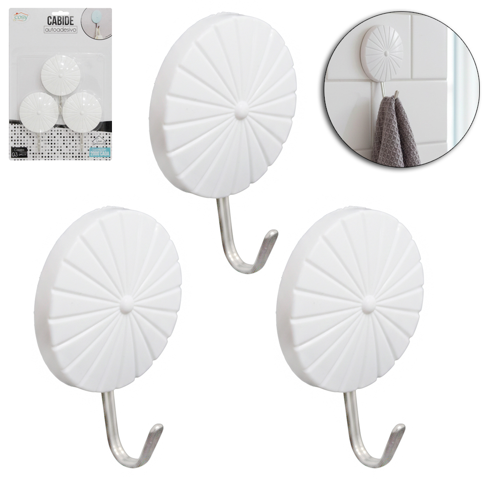 CABIDE GANCHO DE METAL REDONDO DE PLASTICO AUTOADESIVO COM 3 PECAS 7X4,8CM DE Ø