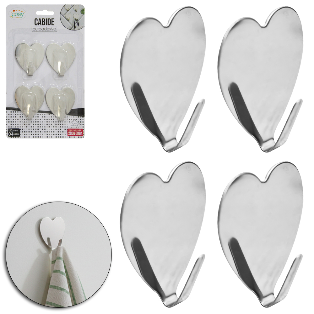 CABIDE GANCHO DE INOX CORACAO AUTOADESIVO COM 4 PECAS 4X4CM
