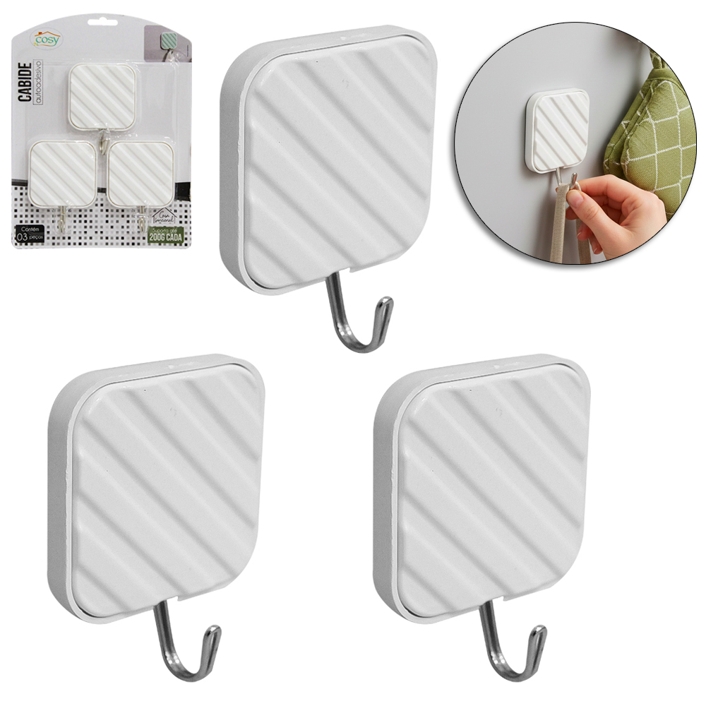 CABIDE GANCHO DE METAL QUADRADO DE PLASTICO AUTOADESIVO COM 3 PECAS 7X5,2CM