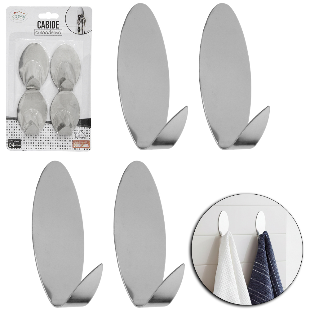 CABIDE GANCHO OVAL DE INOX AUTOADESIVO COM 4 PECAS 5,5X3,5CM DE Ø
