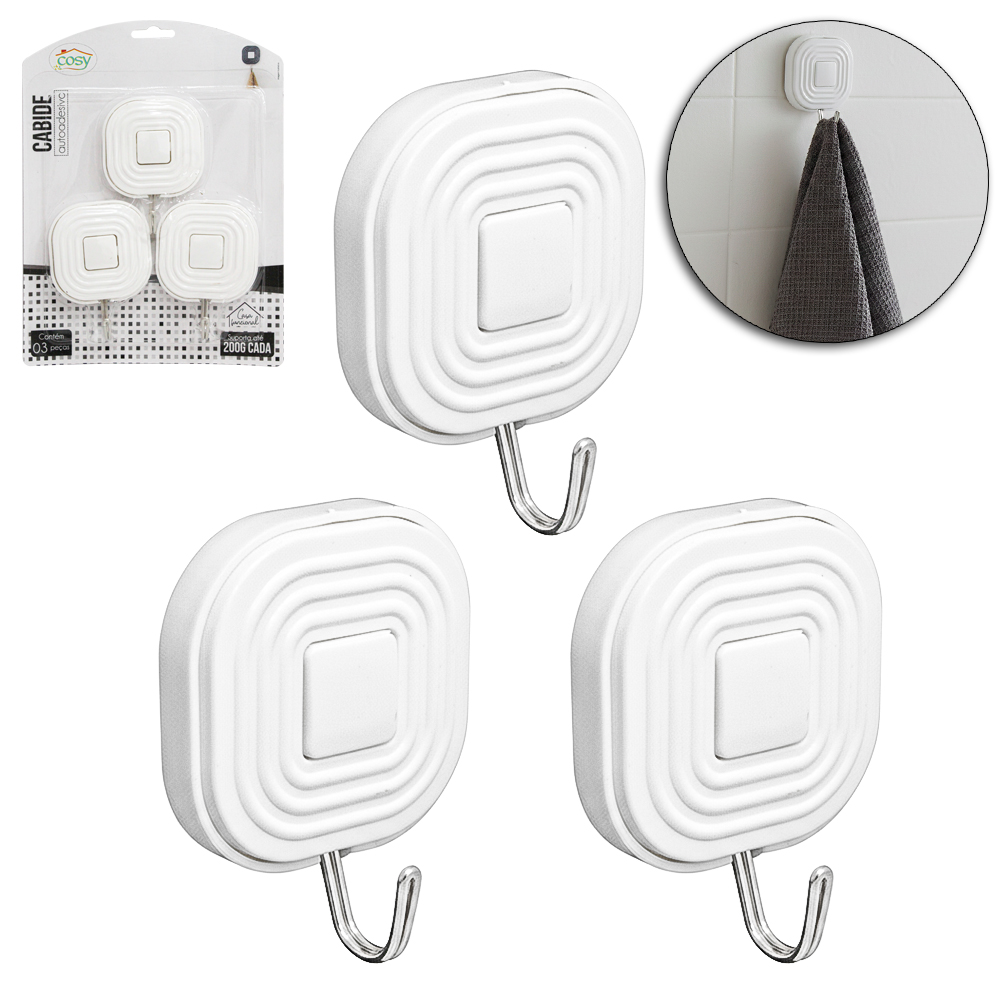 CABIDE GANCHO DE METAL QUADRADO DE PLASTICO AUTOADESIVO COM 3 PECAS 7X5,2CM