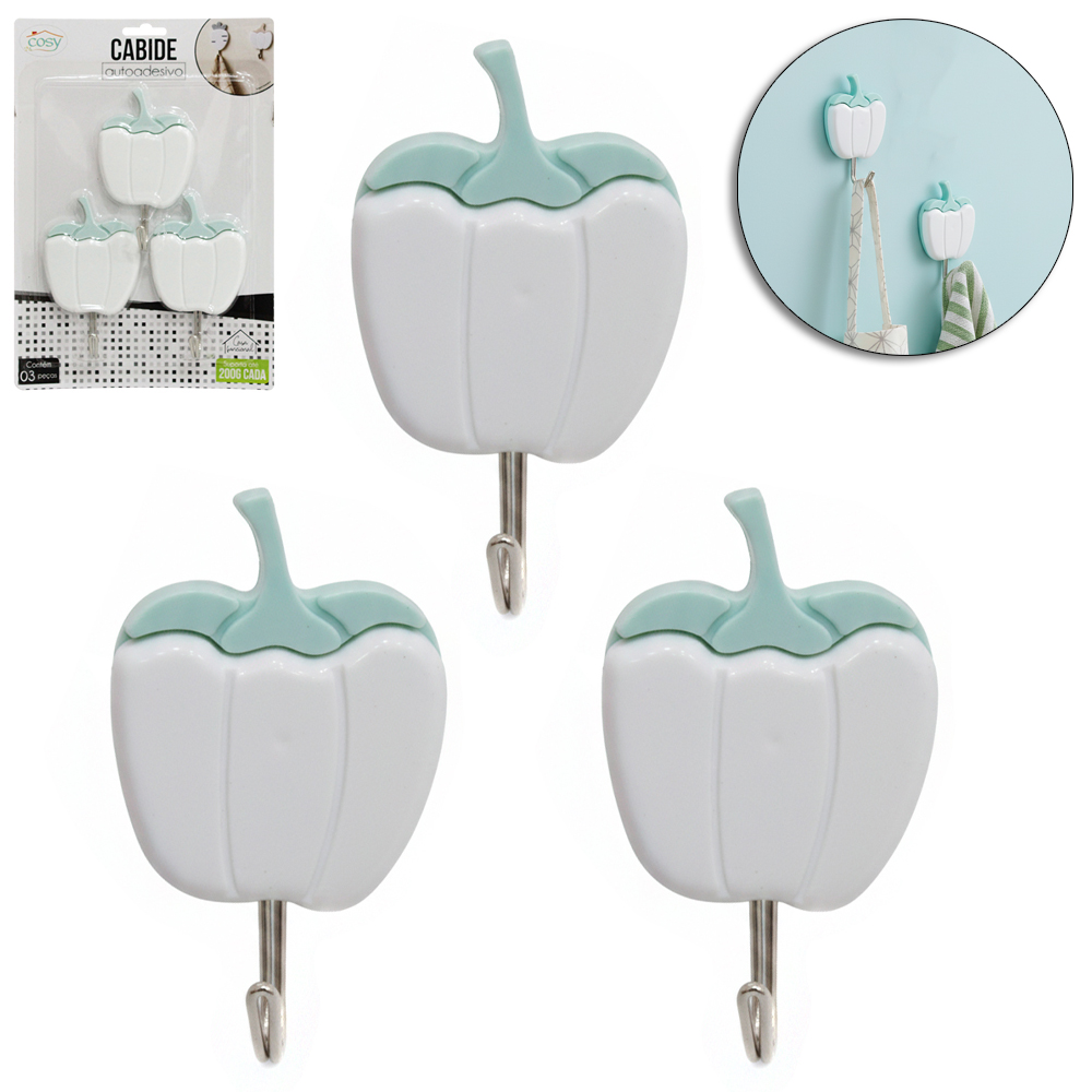 CABIDE GANCHO DE METAL FRUTAS DE PLASTICO AUTOADESIVO COM 3 PECAS 8CM