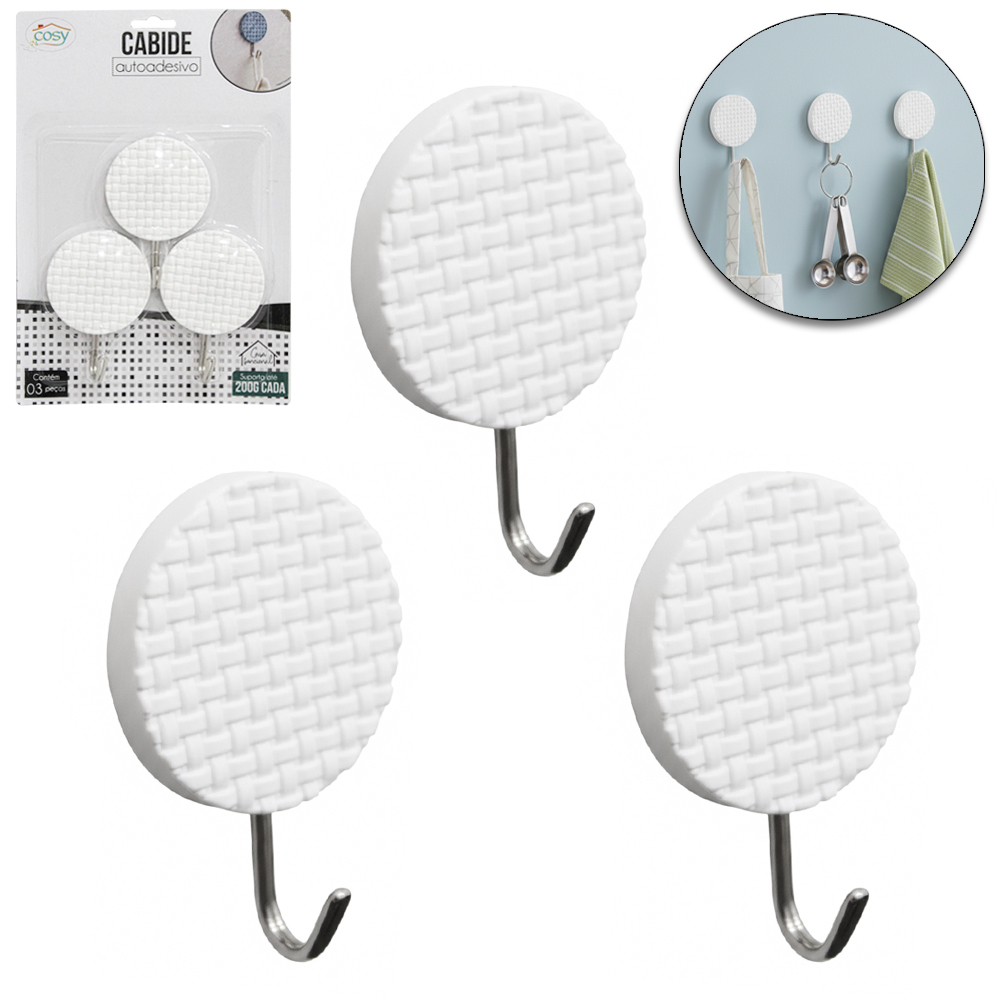 CABIDE GANCHO DE METAL REDONDO DE PLASTICO AUTOADESIVO COM 3 PECAS 7X4,8CM DE Ø