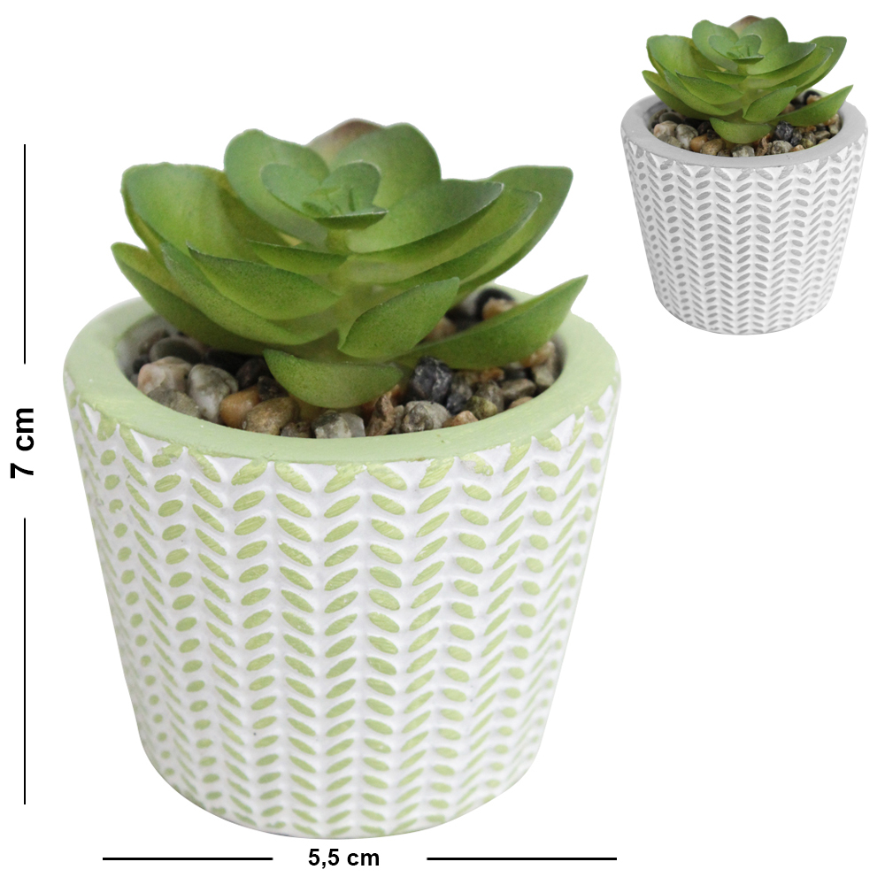 FLOR ARTIFICIAL SUCULENTA COM VASO DE CIMENTO REDONDO 7X5,5CM DE Ø