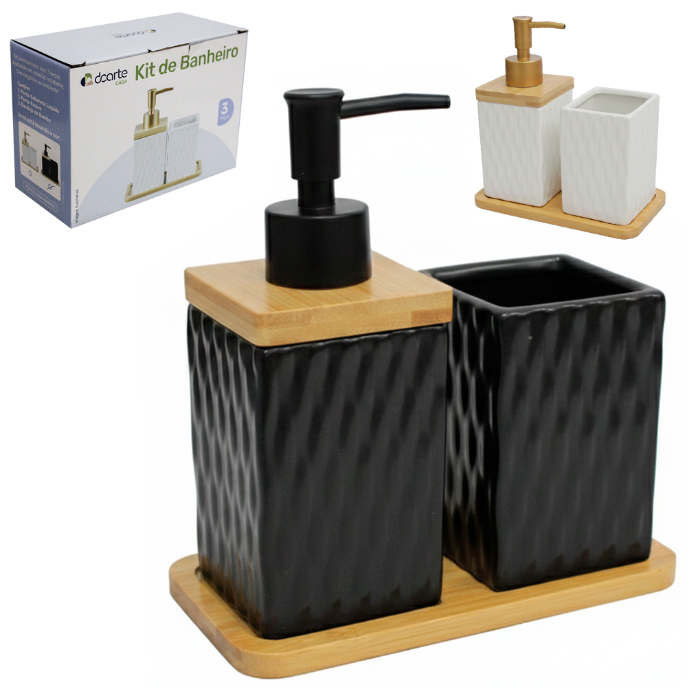 JOGO PARA BANHEIRO DE PORCELANA PRETO / BRANCO COM SUPORTE DE BAMBU 3 PECAS