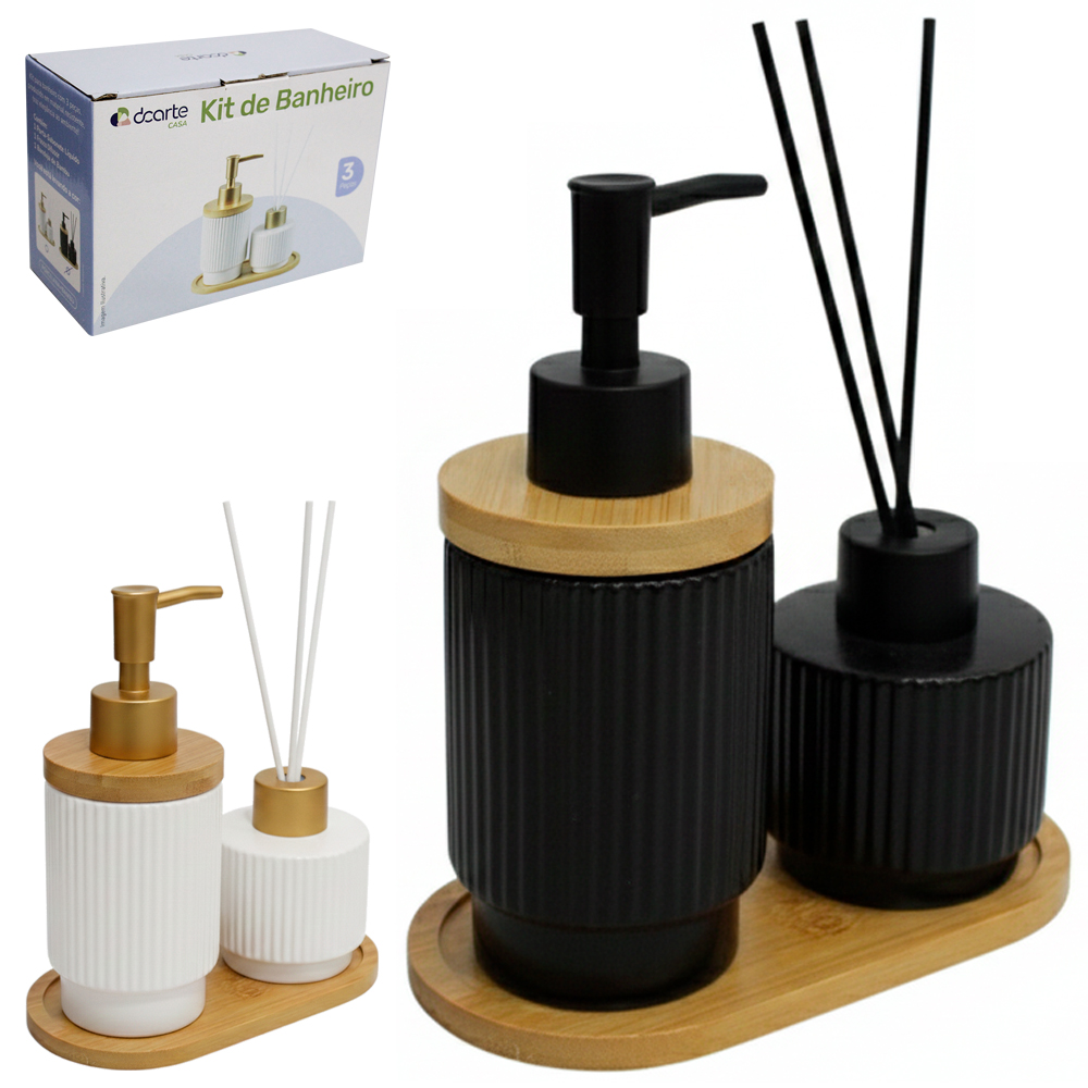 JOGO PARA BANHEIRO DE PORCELANA PRETO / BRANCO COM SUPORTE DE BAMBU 3 PECAS