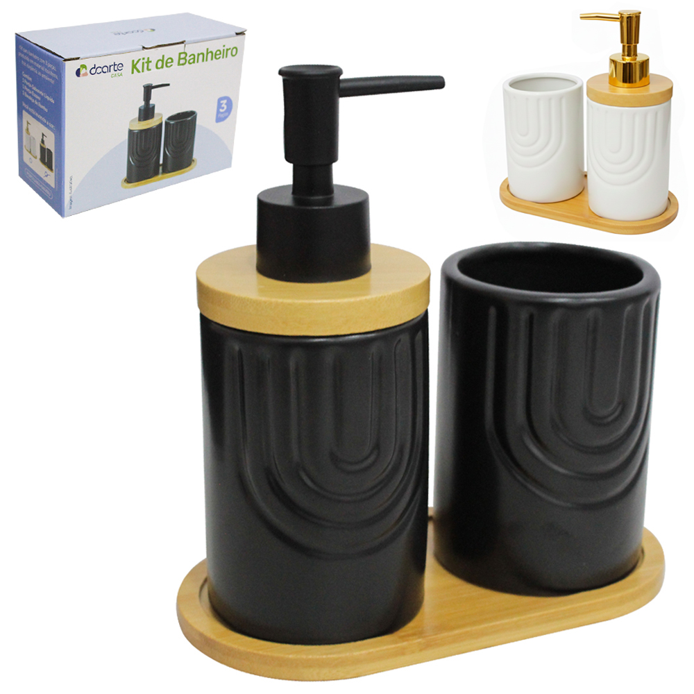 JOGO PARA BANHEIRO DE PORCELANA PRETO / BRANCO COM SUPORTE DE BAMBU 3 PECAS