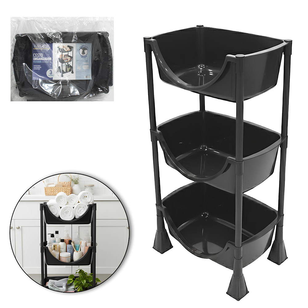 CESTO ORGANIZADOR PRATELEIRA DE PLASTICO RETANGULAR 3 ANDARES BLACK 80X27,5X27CM