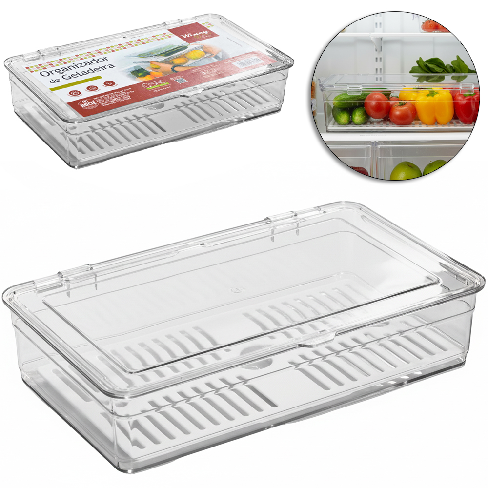 ORGANIZADOR DE GELADEIRA PLASTICO PET FLEXIVEL RETANGULAR COM ESCORREDOR + TAMPA 27,5X16,8X6CM