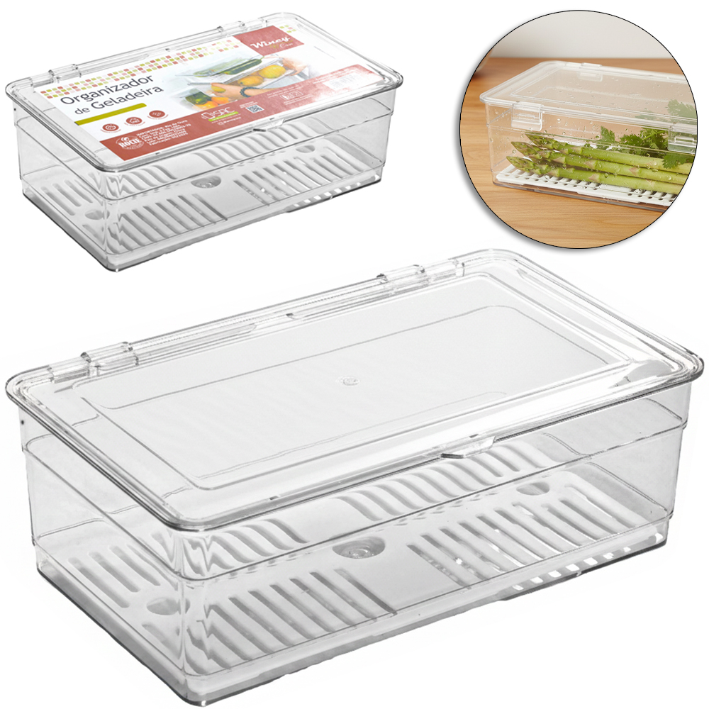 ORGANIZADOR DE GELADEIRA PLASTICO PET FLEXIVEL RETANGULAR COM ESCORREDOR + TAMPA 27,5X16,8X9CM