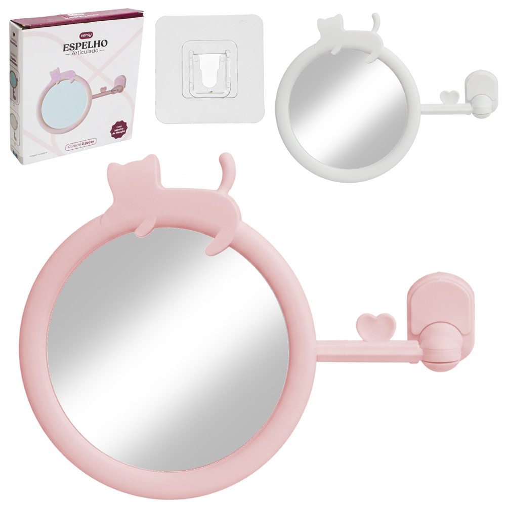 ESPELHO DE PAREDE COM MOLDURA DE PLASTICO GATINHO ARTICULADO + AUTOADESIVO VERSY 27X19X6,5CM