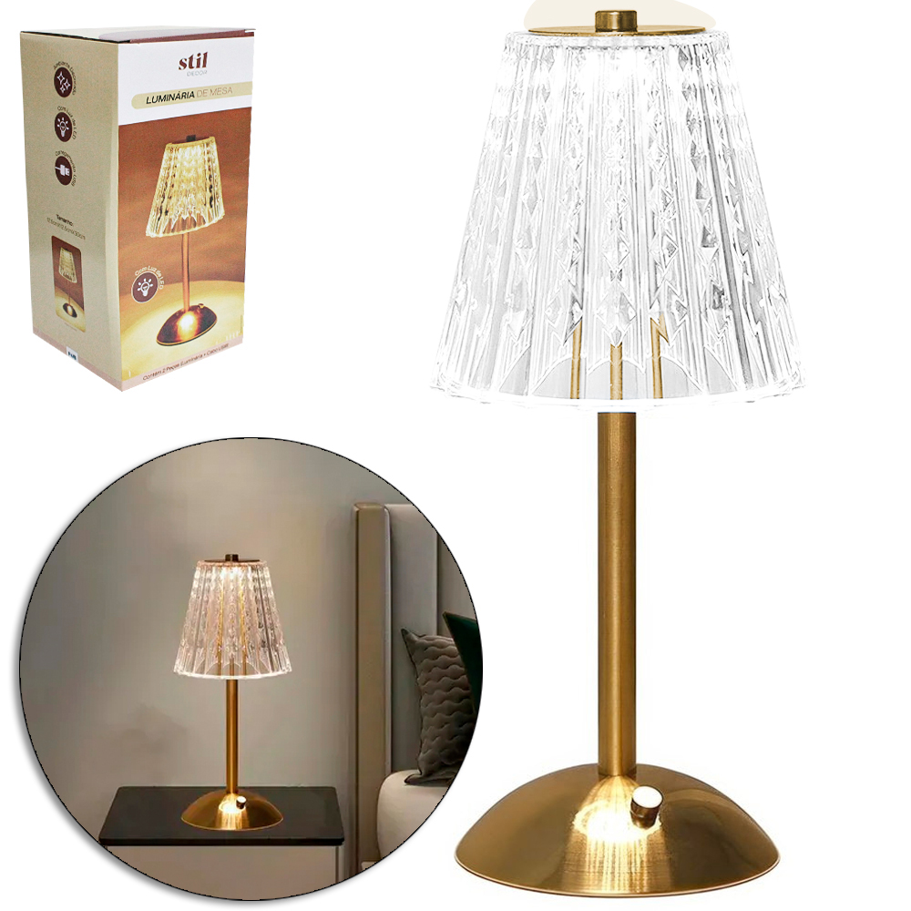 ABAJUR LUMINARIA DE MESA ACRILICO / METAL RECARREGAVEL COM 20 LEDS + SENSOR TOUCH E CABO USB STIL DECOR 30X12,5CM DE Ø