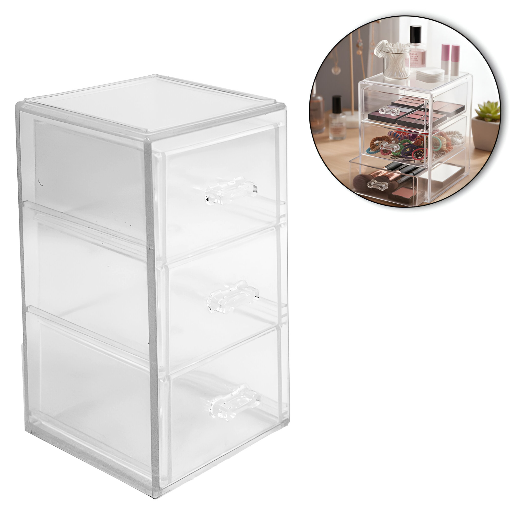 CAIXA ORGANIZADOR DE ACRILICO RETANGULAR DE MESA COM 3 GAVETAS MULTIUSO 14,5X8,5X8CM