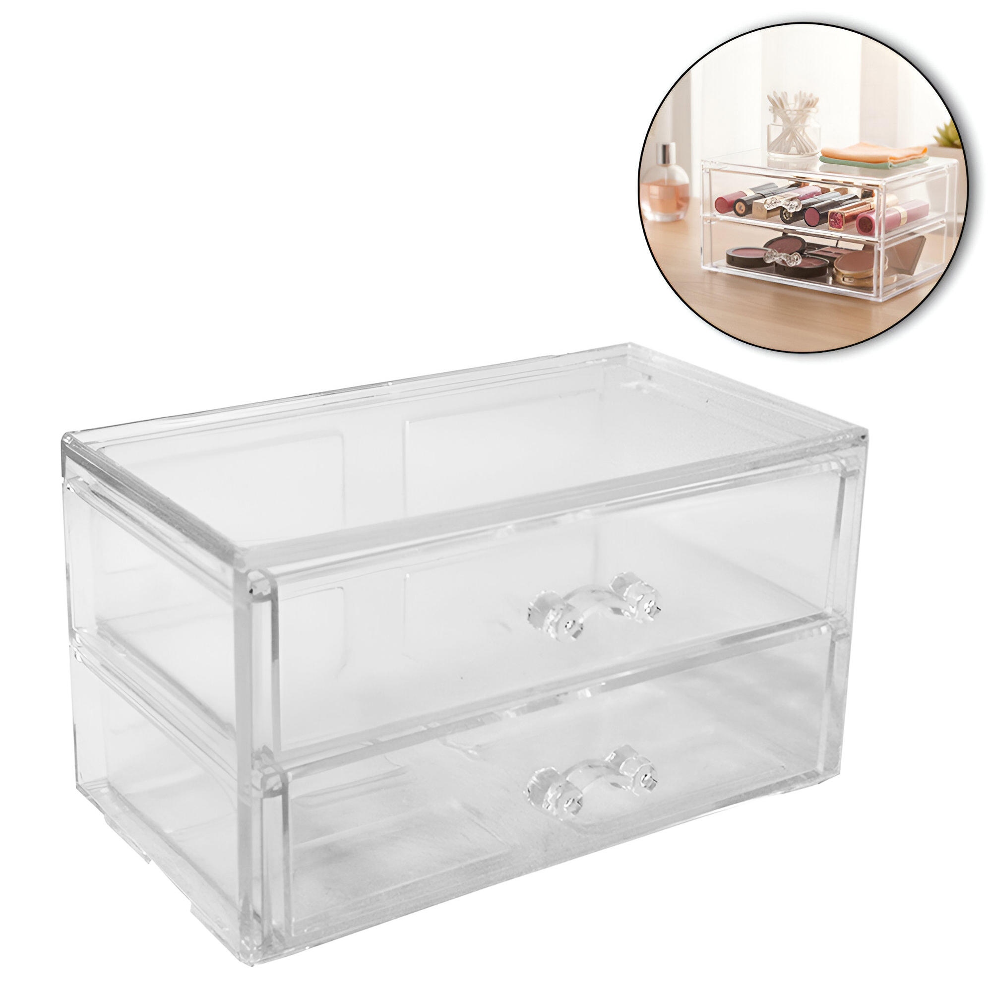 CAIXA ORGANIZADOR DE ACRILICO RETANGULAR DE MESA COM 2 GAVETAS MULTIUSO 16,5X9,5X9,5CM