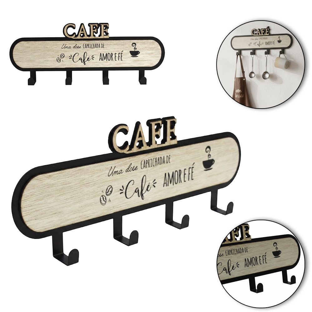 PORTA CHAVE DE MADEIRA MDF / METAL RETANGULAR COM 4 GANCHOS FRASES 29X11,2X2,5CM