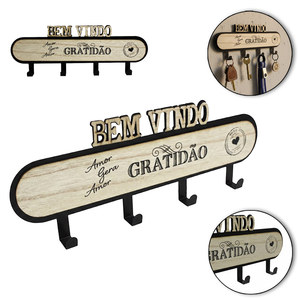 PORTA CHAVE DE MADEIRA MDF / METAL RETANGULAR COM 4 GANCHOS FRASES 39X13,5X2,5CM