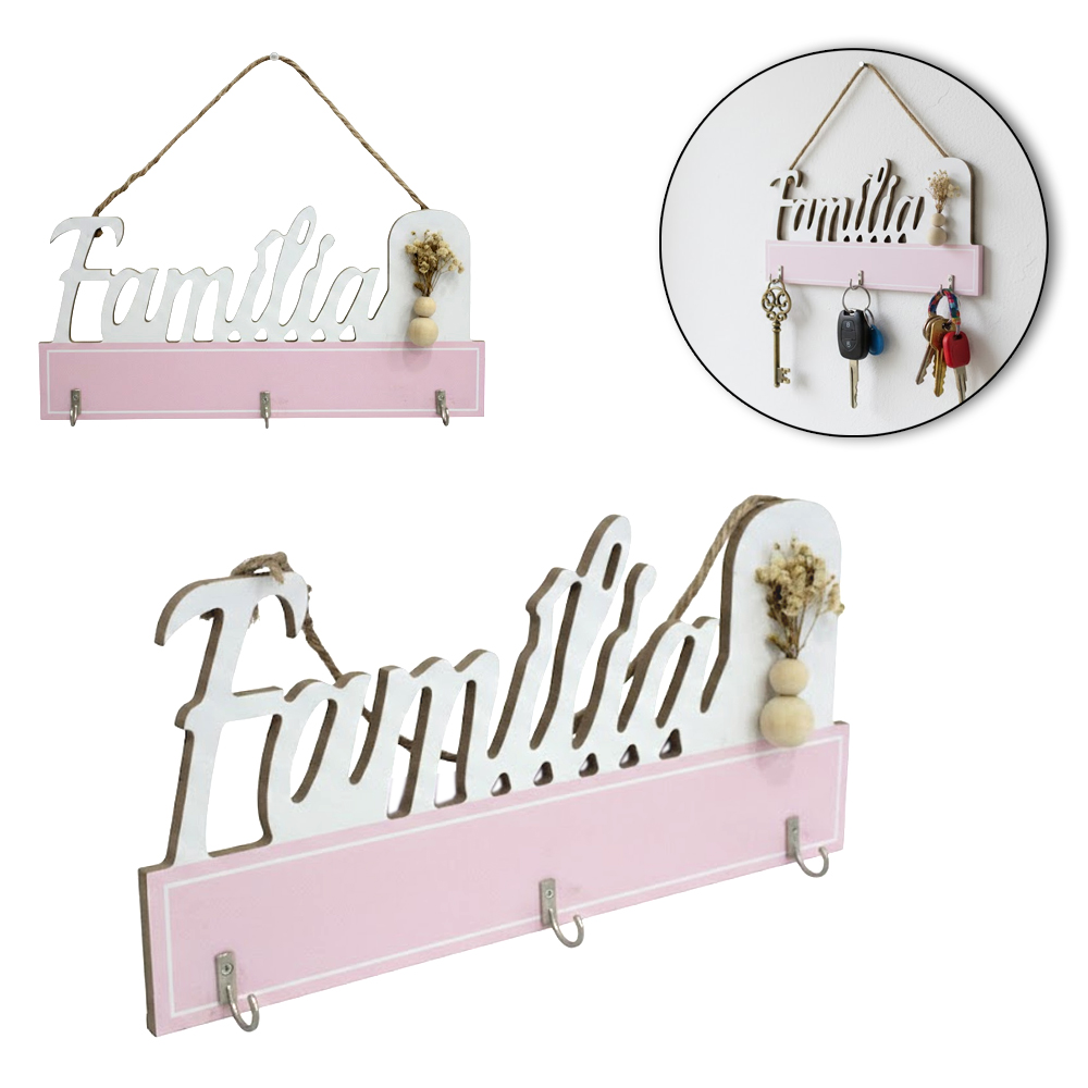 PORTA CHAVE DE MADEIRA MDF RETANGULAR FAMILIA COM 3 GANCHOS DE METAL 29,5X14CM