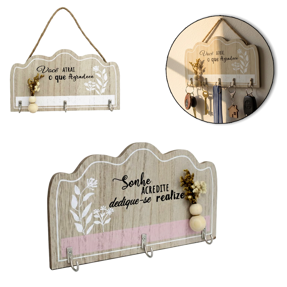PORTA CHAVE DE MADEIRA MDF RETANGULAR FRASES C/3 GANCHOS DE METAL 21,5X12X2,5CM