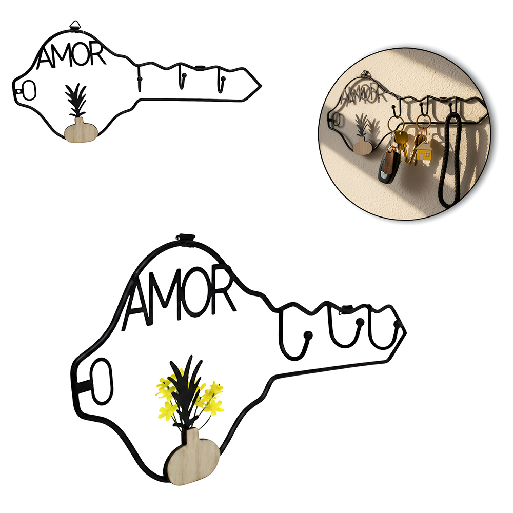 PORTA CHAVE ARAMADO MODELO CHAVE PALAVRAS COM 3 GANCHOS BLACK 31X14,5X3CM