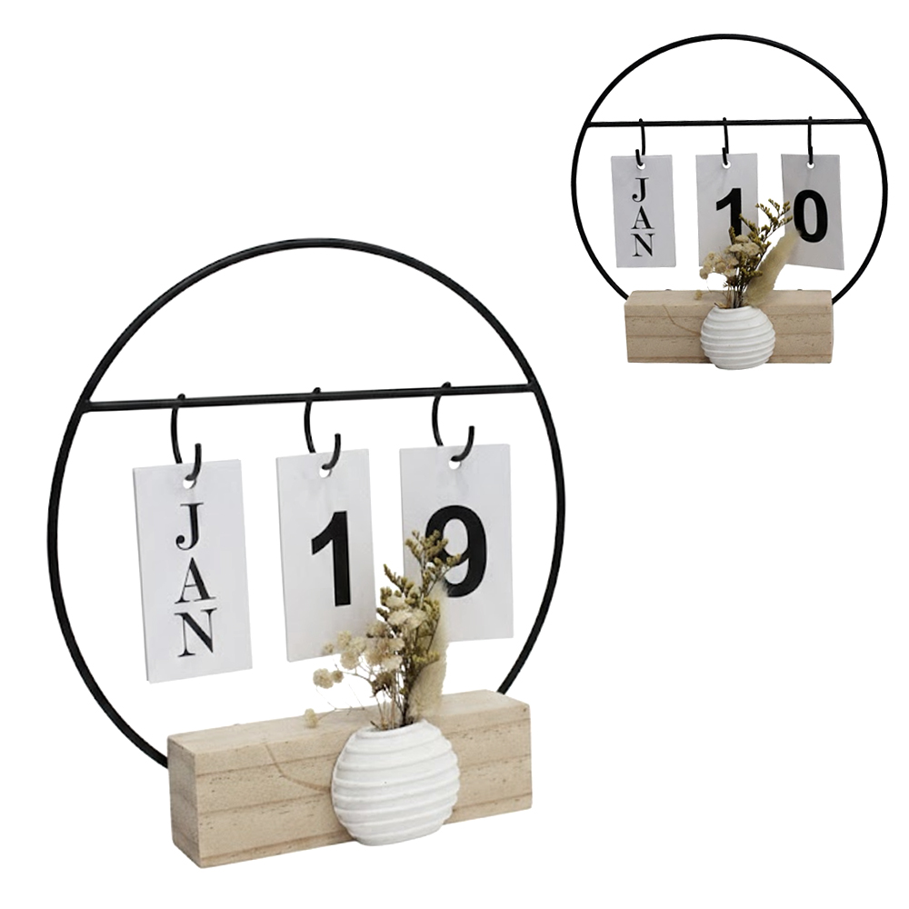 CALENDARIO DE METAL REDONDO COM BASE DE MADEIRA MDF 5,5X21,5X21CM DE Ø