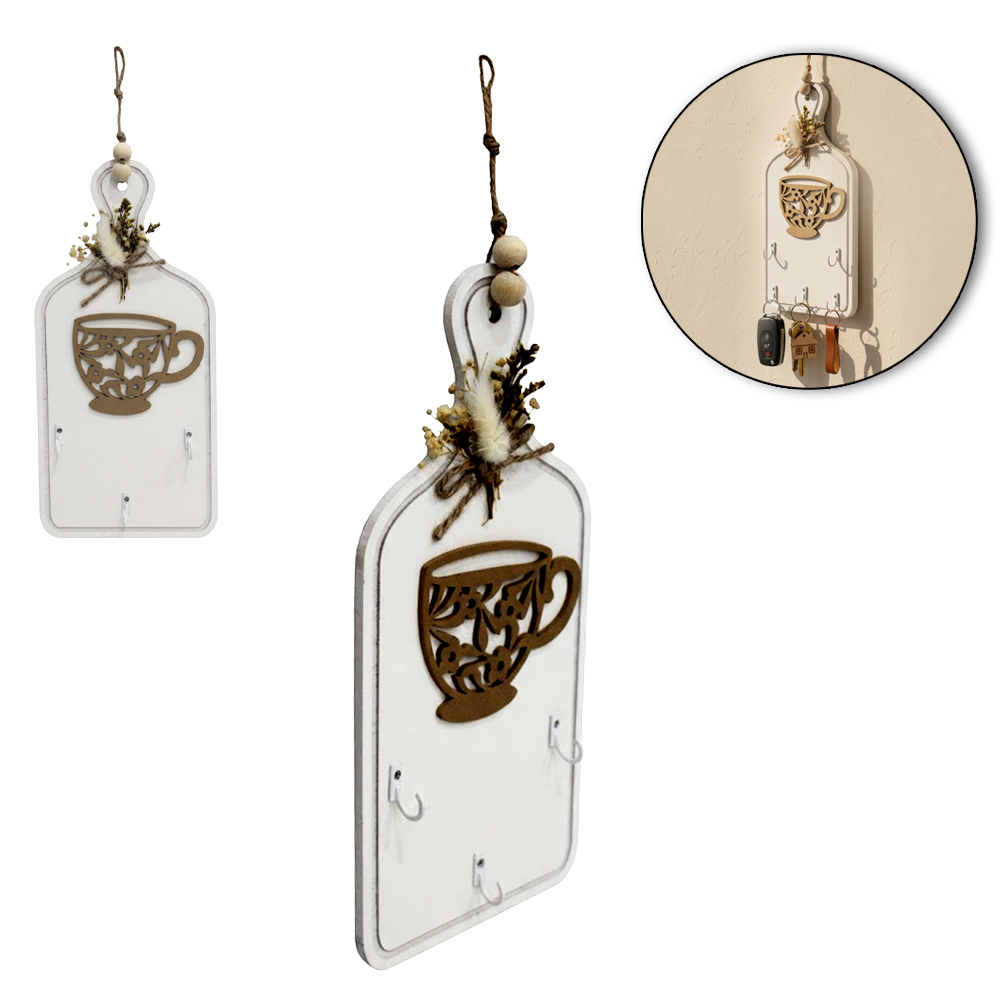 PORTA CHAVE DE MADEIRA MDF TABUA COM 3 GANCHOS DE METAL + LACO 29,5X14X2,5CM