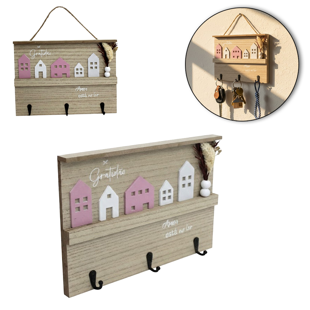 PORTA CHAVE DE MADEIRA MDF RETANGULAR COM 3 GANCHOS DE METAL 27X20X3,5CM