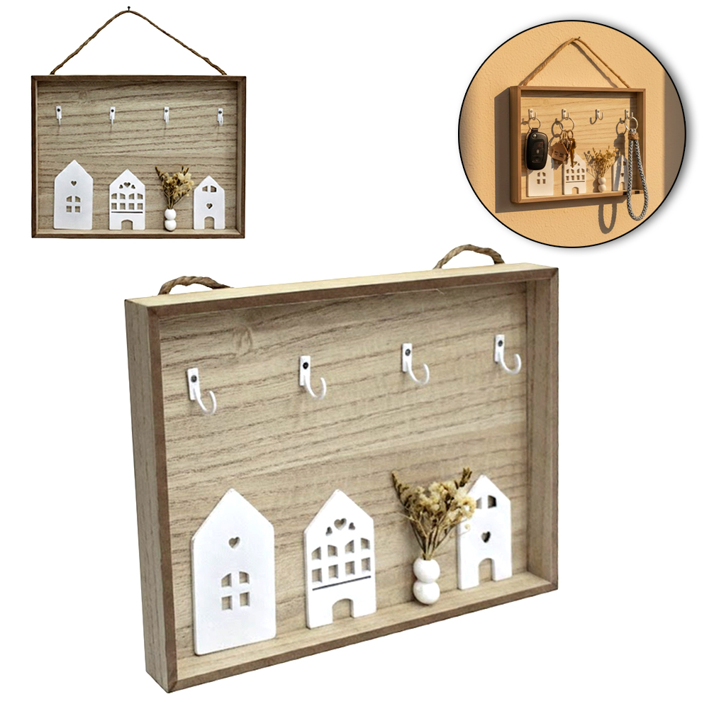 PORTA CHAVE DE MADEIRA MDF RETANGULAR COM 4 GANCHOS DE METAL 27,2X20,2X2,5CM