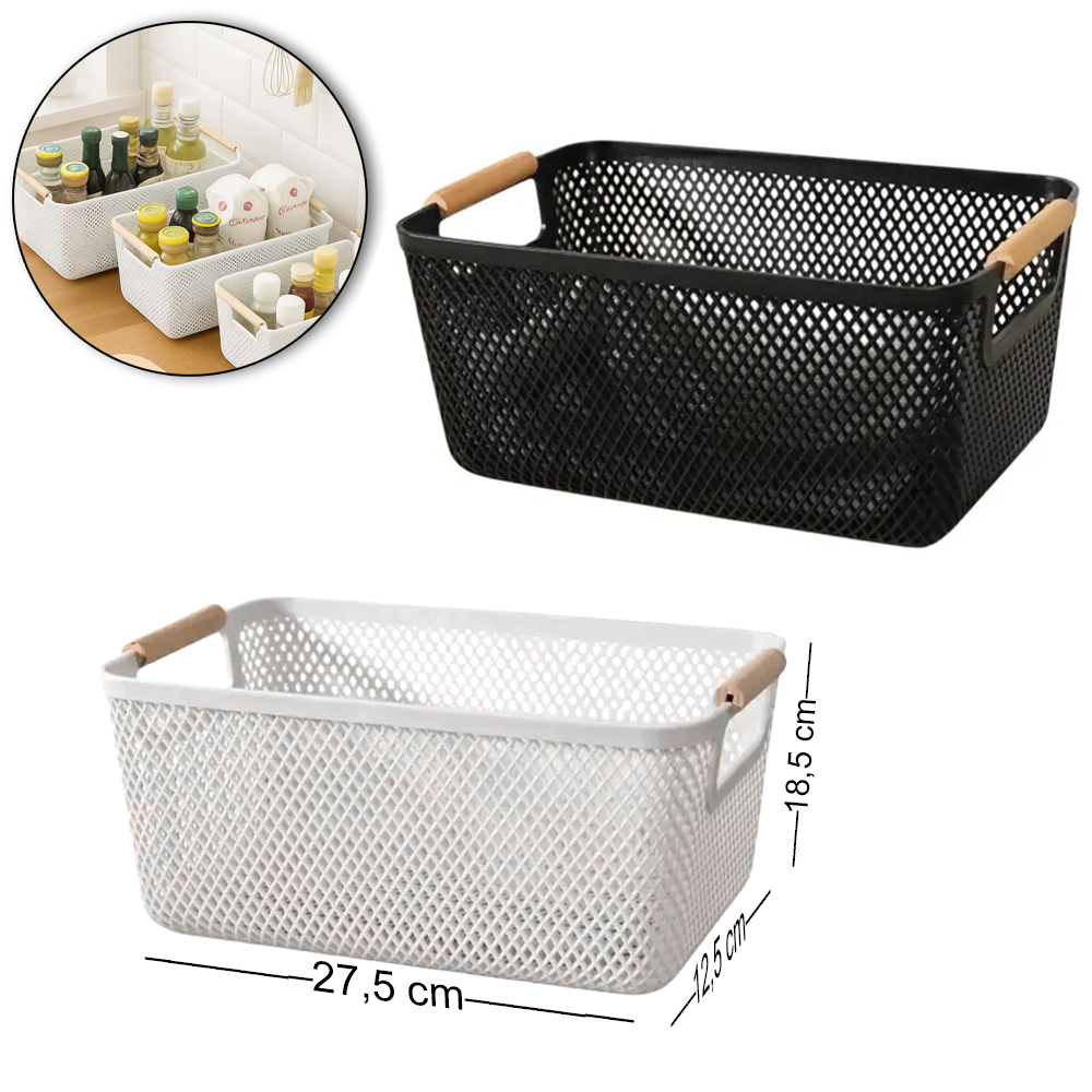 CESTO ORGANIZADOR DE PLASTICO RETANGULAR MULTIUSO COM ALCA DE MADEIRA PRETO / BRANCO 27,5X18,5X12,5CM