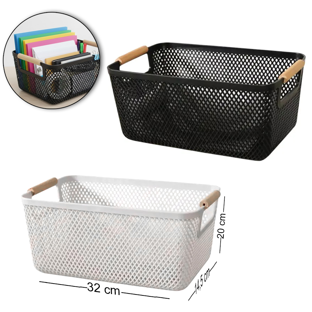 CESTO ORGANIZADOR DE PLASTICO RETANGULAR MULTIUSO COM ALCA DE MADEIRA PRETO / BRANCO 32X20,5X14,5CM