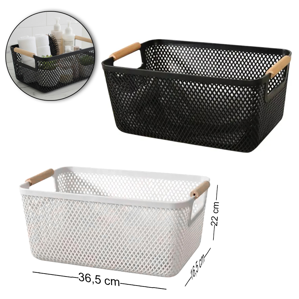 CESTO ORGANIZADOR DE PLASTICO RETANGULAR MULTIUSO COM ALCA DE MADEIRA PRETO / BRANCO 36,5X22X16,5CM