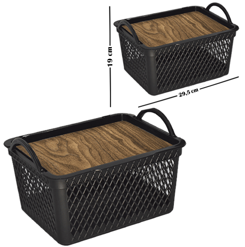 CESTO ORGANIZADOR DE PLASTICO RETANGULAR TELADO COM ALCA + TAMPA LABEL TIPO MADEIRA 8L 29,5X24X19CM