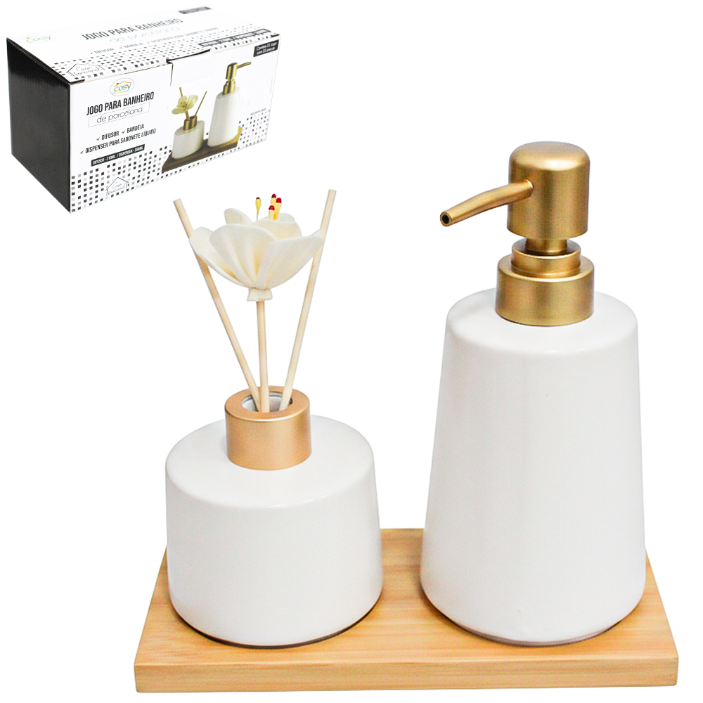 JOGO PARA BANHEIRO COM DIFUSOR DE AROMAS PARA AMBIENTES + SUPORTE DE BAMBU 3 PECAS 350/210ML