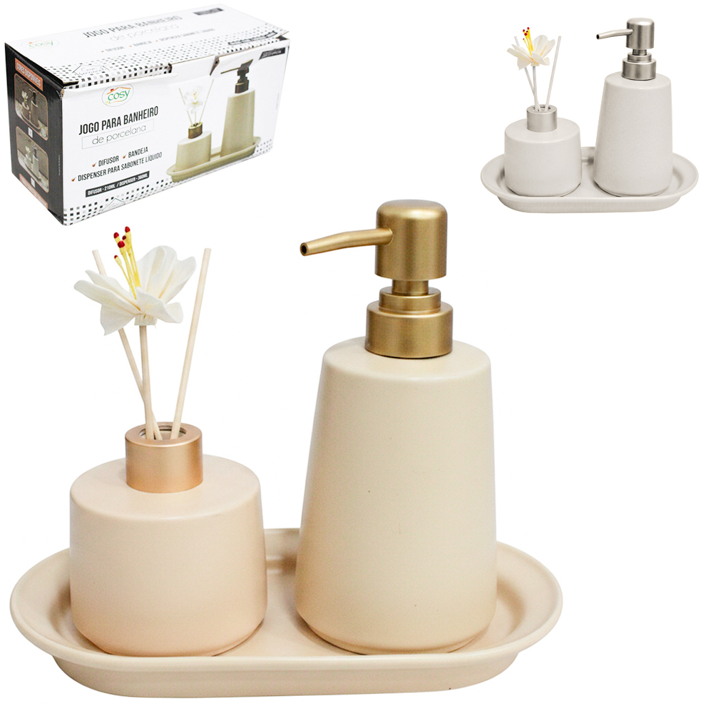 JOGO PARA BANHEIRO COM DIFUSOR DE AROMAS PARA AMBIENTES + SUPORTE DE PORCELANA 3 PECAS 360/210ML