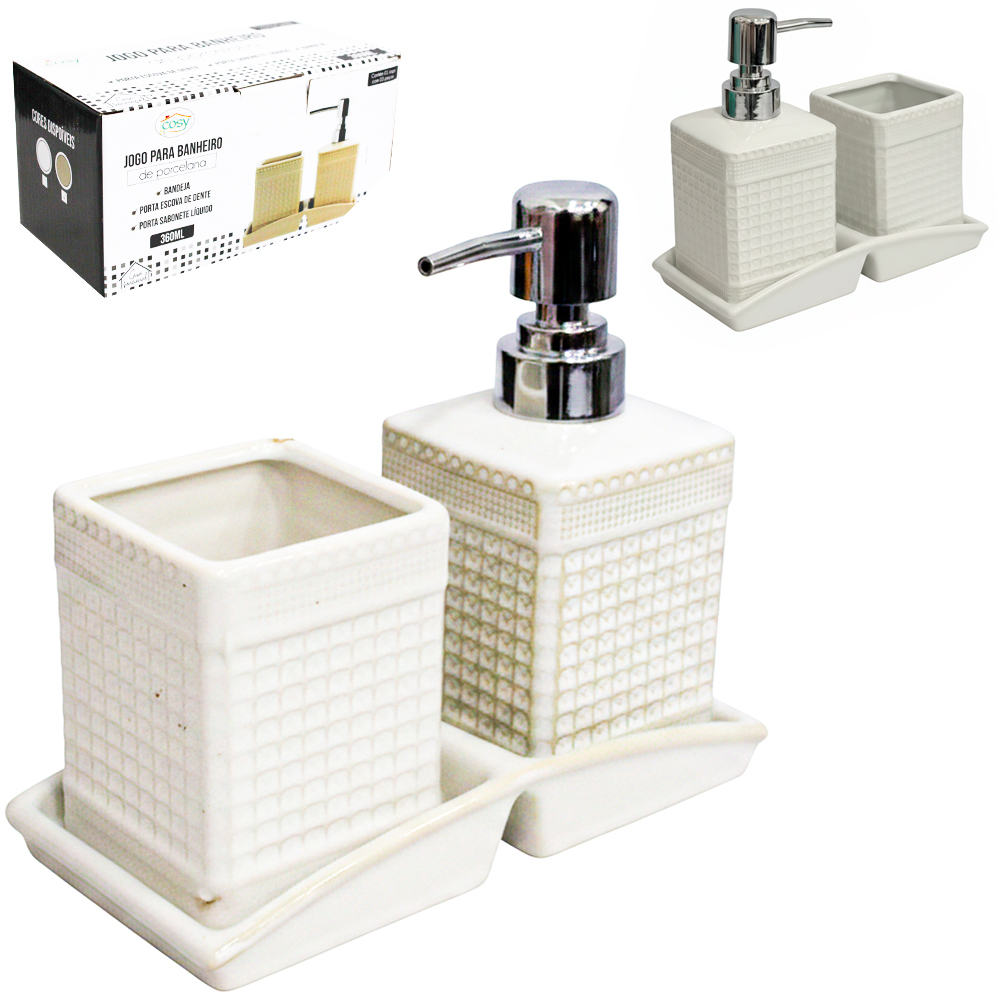JOGO PARA BANHEIRO COM SUPORTE DE PORCELANA 3 PECAS 360ML
