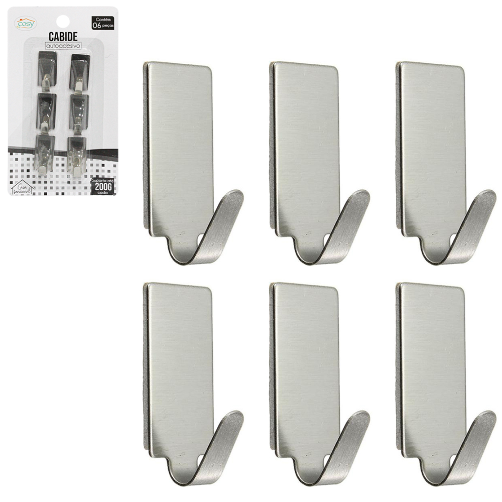 CABIDE GANCHO DE INOX RETANGULAR AUTOADESIVO COM 6 PECAS 3,5X1,5CM